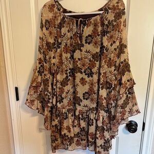 Entro Asymmetrical Tiered Bell Sleeve Midi Dress in Tan and Brown